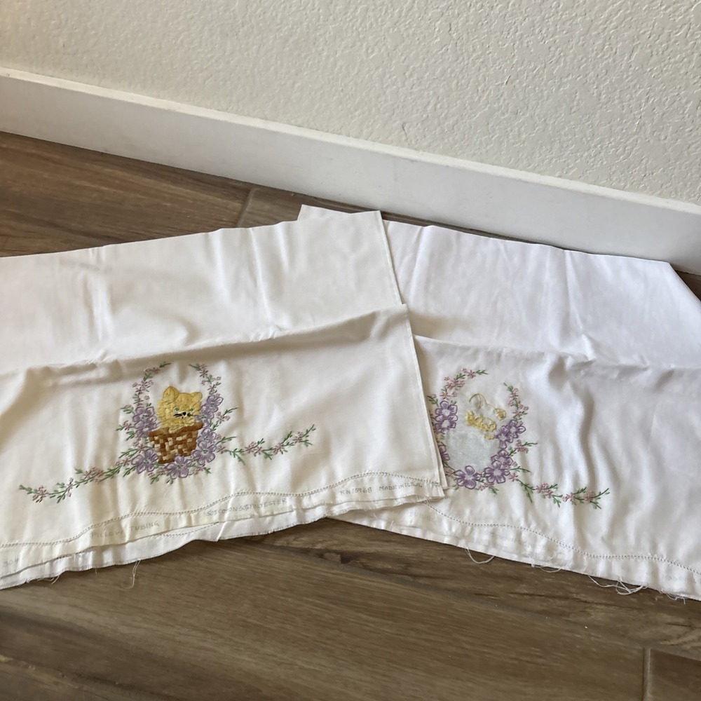 2 White Pillow Cases Embroidered Needle Cats In Baskets Pillowcases- Unfinished